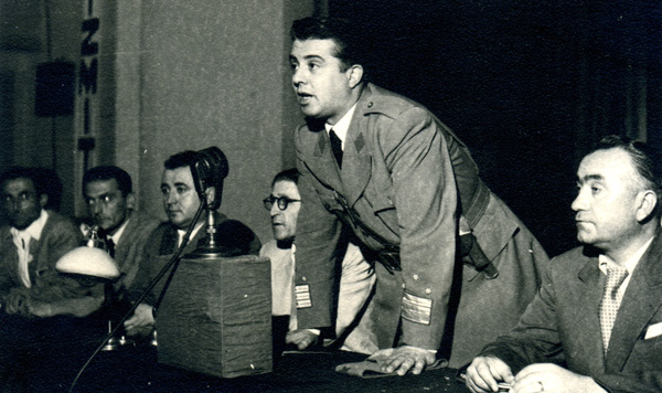 Enver Hoxha speaking, with Koçi Xoxe on the right, ca. 1946.