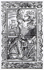 Frontispiece showing Pjetër Budi at prayer. From Budi's "Paschyra e të rrëfyemit", Rome 1621 (Vatican Library, Racc. Gen. Liturgia V. 35).