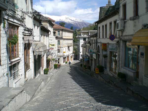 Main street of Gjirokastra (Photo: Robert Elsie, March 2008)