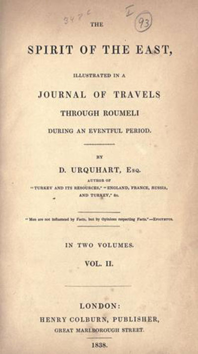 David Urquhart: The Spirit of the East (London 1838), title page