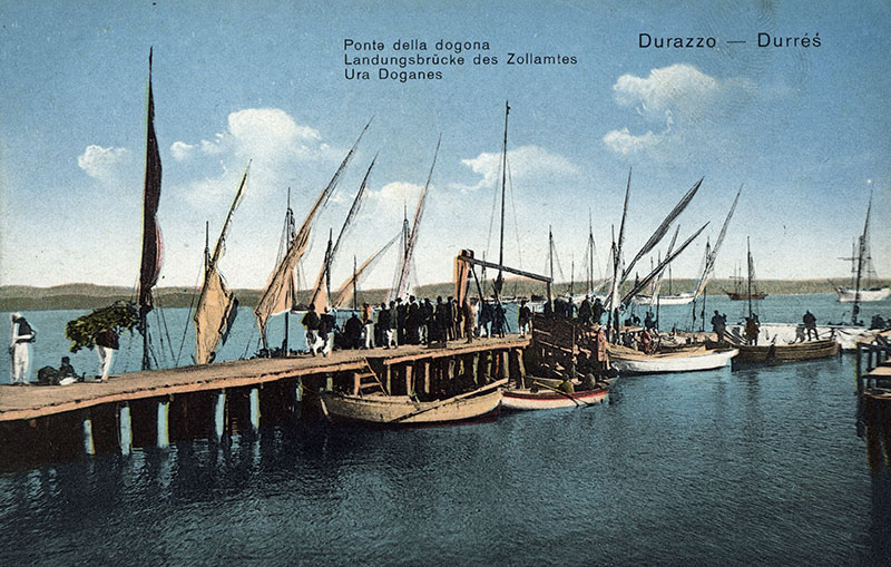 The wharf of the customs office in Durrës (coloured postcard, 1914).