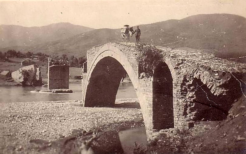 The remains of the Haxhi Beqari (Bachelor Pilgrim) Bridge over the Shkumbin River between Labinot and Miraka.